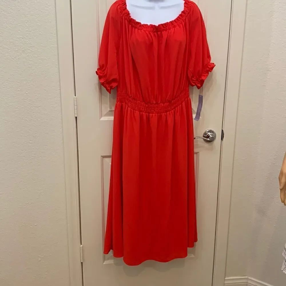 London Times Woman Size 2X Red Scoop Neck Puff Sleeve Maxi Dress Elastic Waist
